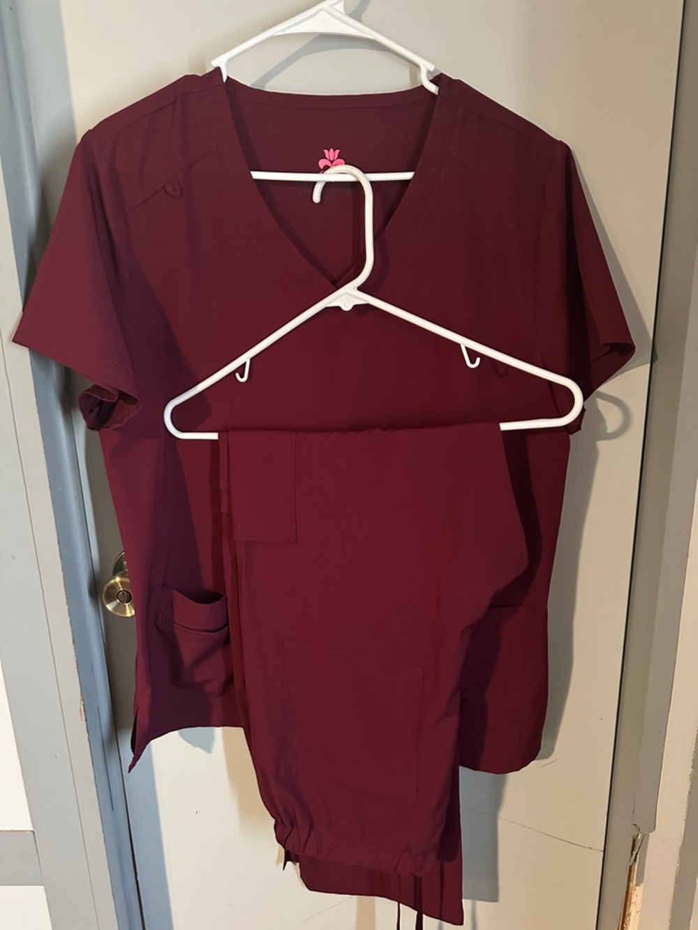 Maroon V-Neck Scrub Top and Pants Set